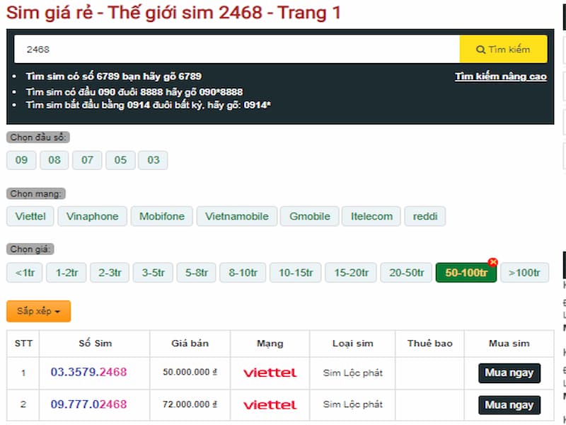 Chọn sim đuôi 2468 theo đầu số cổ của các nhà mạng