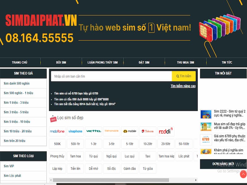 Giao diện trang chủ của web Sim Hay