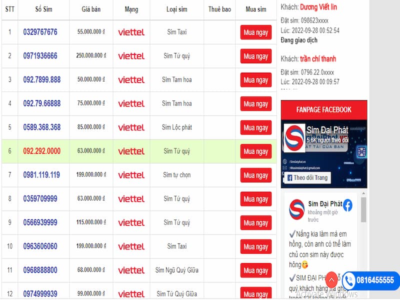 Đến đại Phát sẽ có đa dạng các dòng sim số vip của nhà mạng Viettel